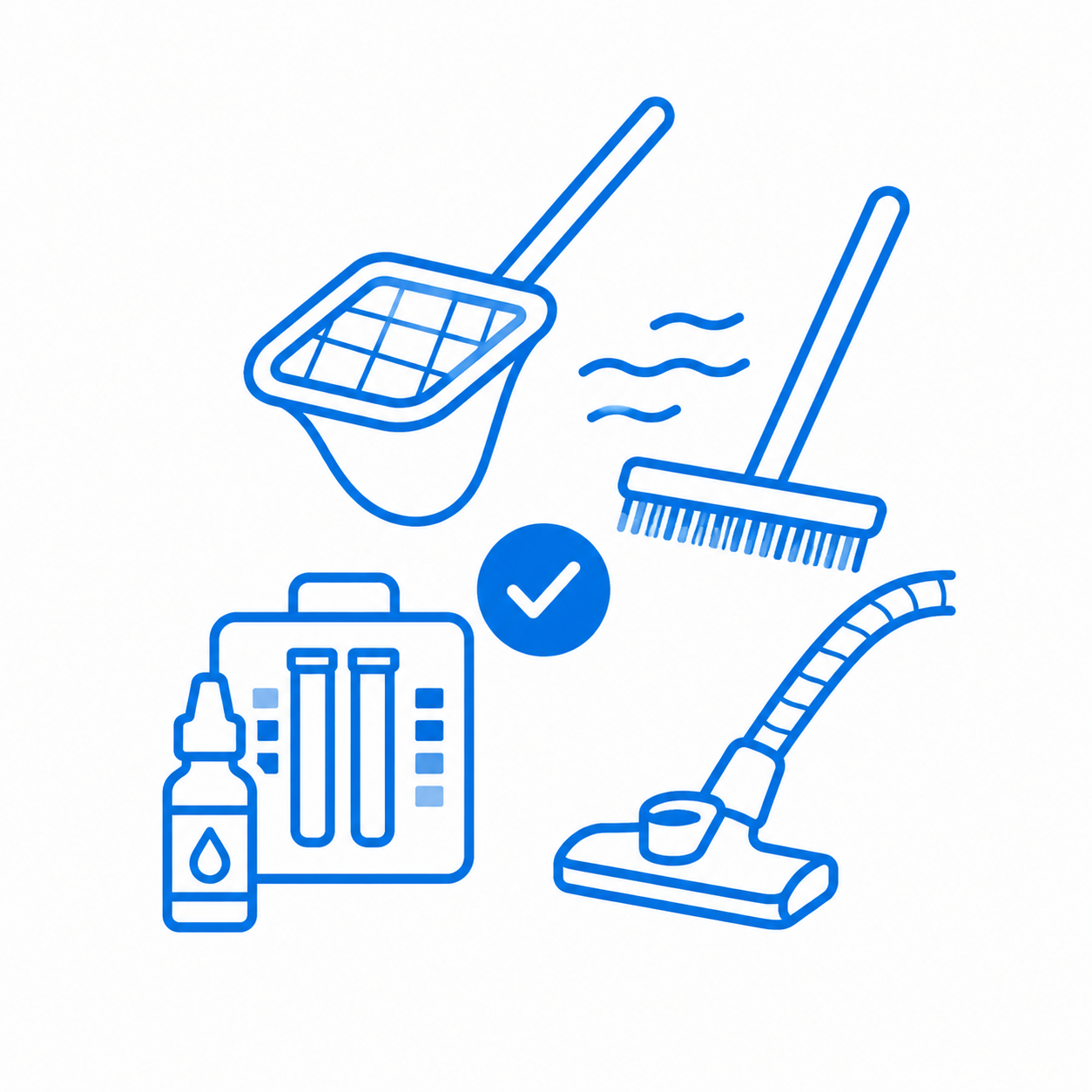Line drawing of cleaning tools including a net, broom, pool vacuum, and pool chemical testing kit with a checkmark indicating cleaning.