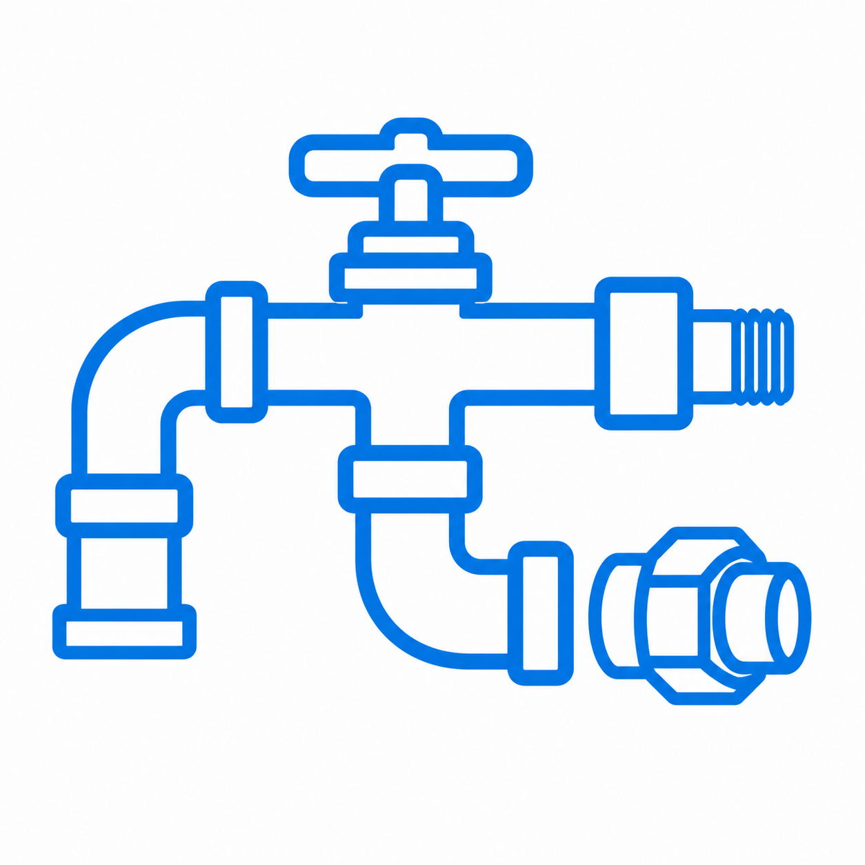 Line drawing of a pool shut-off valve with multiple connecting pipes.