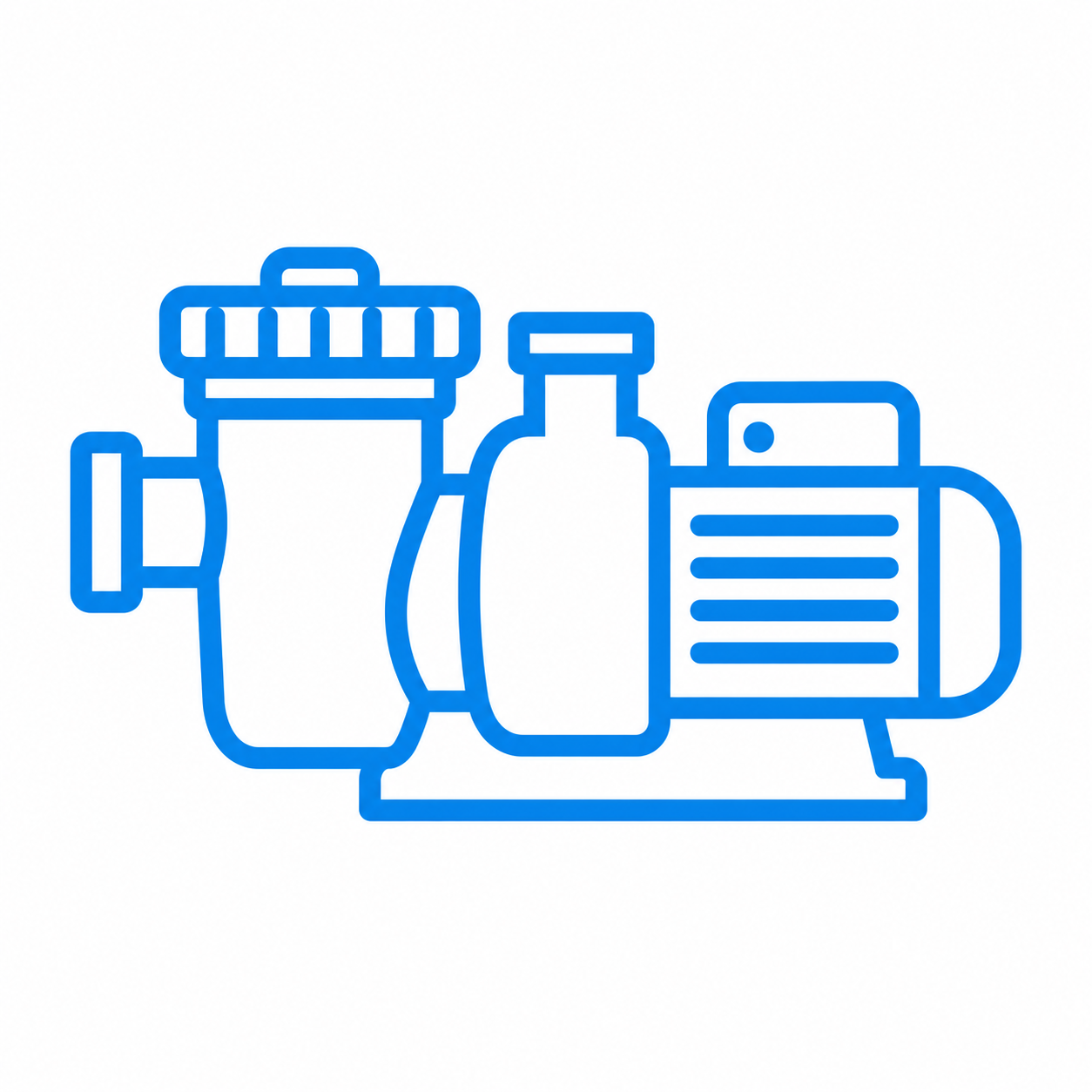 Line drawing of a pool pump and motor.
