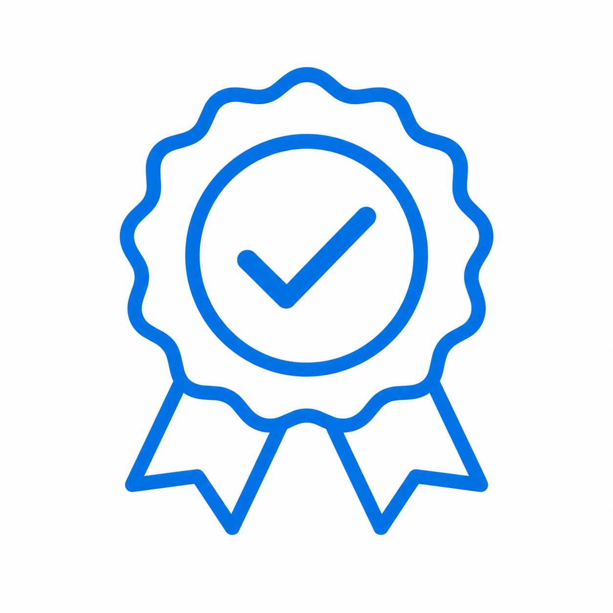 Blue award ribbon with a check mark in the center.