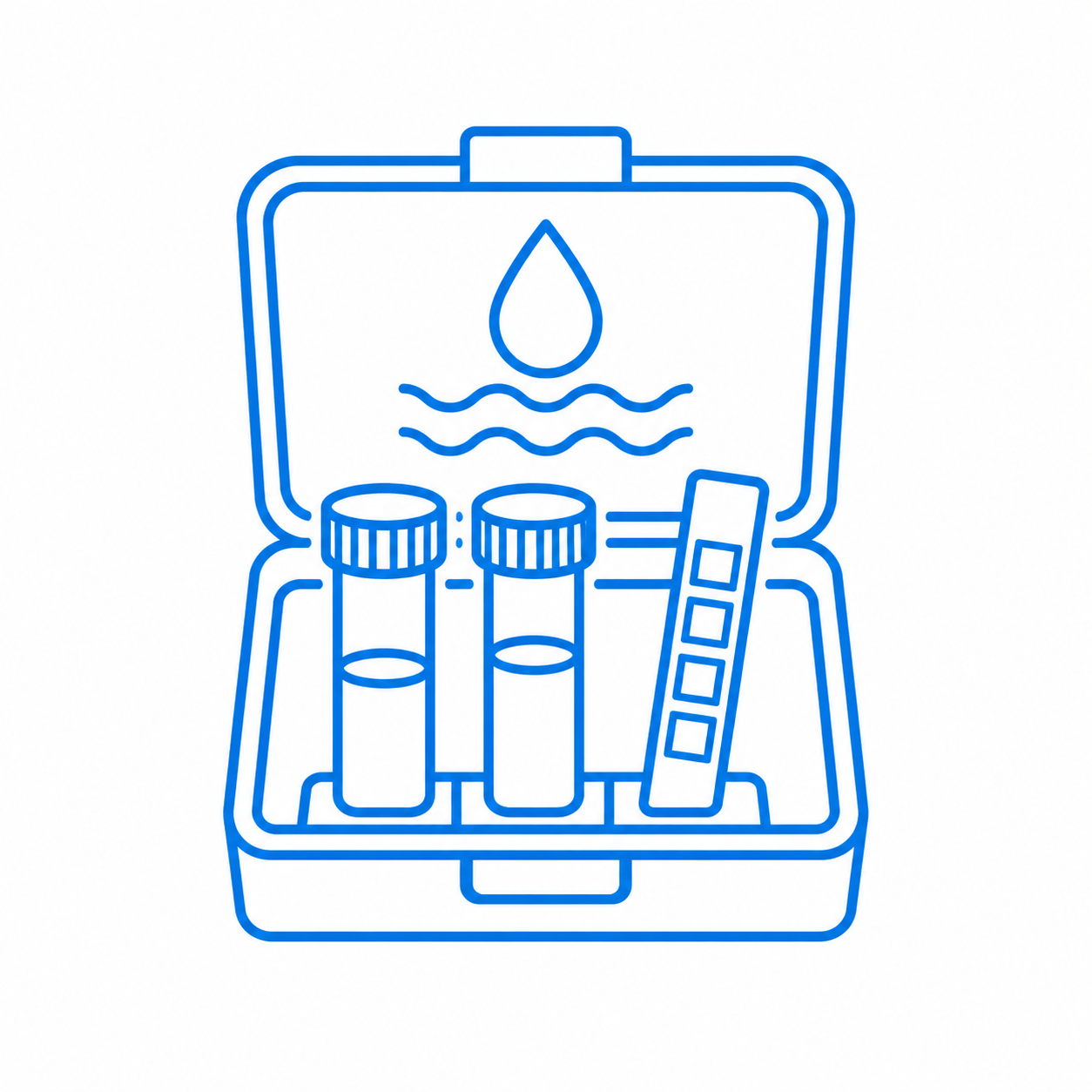 Pool chemical test kit case with blood sample vials and testing strip.