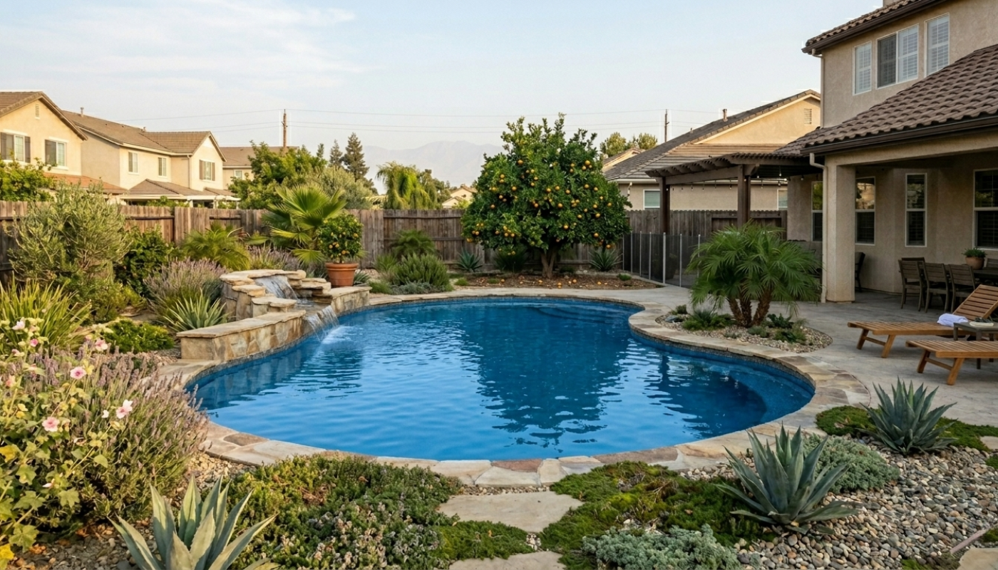 Backyard with a kidney-shaped swimming pool, surrounded by desert plants, small trees, and a patio with chairs and lounge chairs, in a suburban neighborhood.