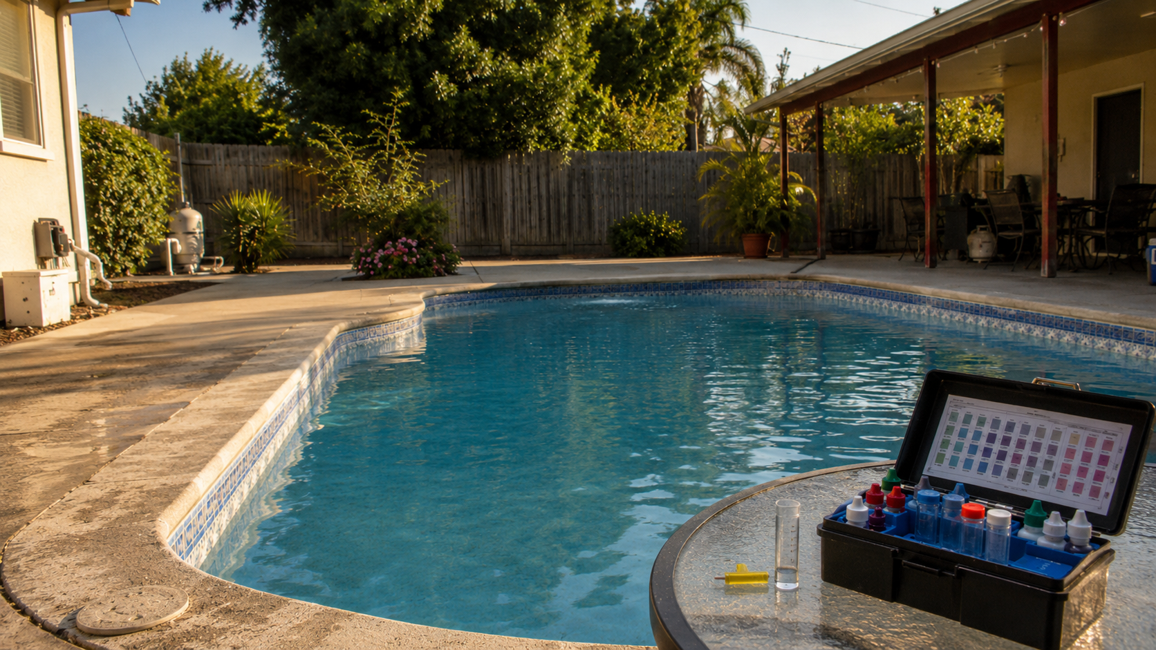 Backyard with a kidney-shaped swimming pool, surrounded by concrete patio and a wooden privacy fence. There are plants and flowers along the fence, a covered patio with outdoor furniture, and a table with pool testing supplies on it, including a color comparator kit and test tubes. The scene is illuminated by sunlight, suggesting late afternoon.