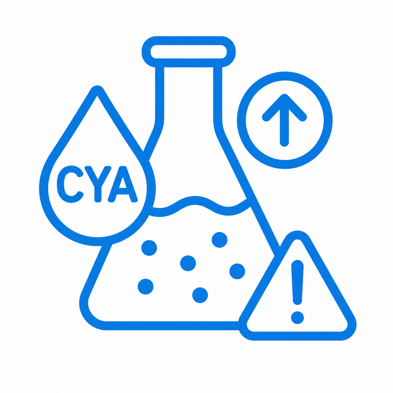 A scientific diagram of a chemical process involving a flask, a mountain with dots, a drop labeled 'CYA', an upward arrow in a circle, and a warning triangle with an exclamation mark.