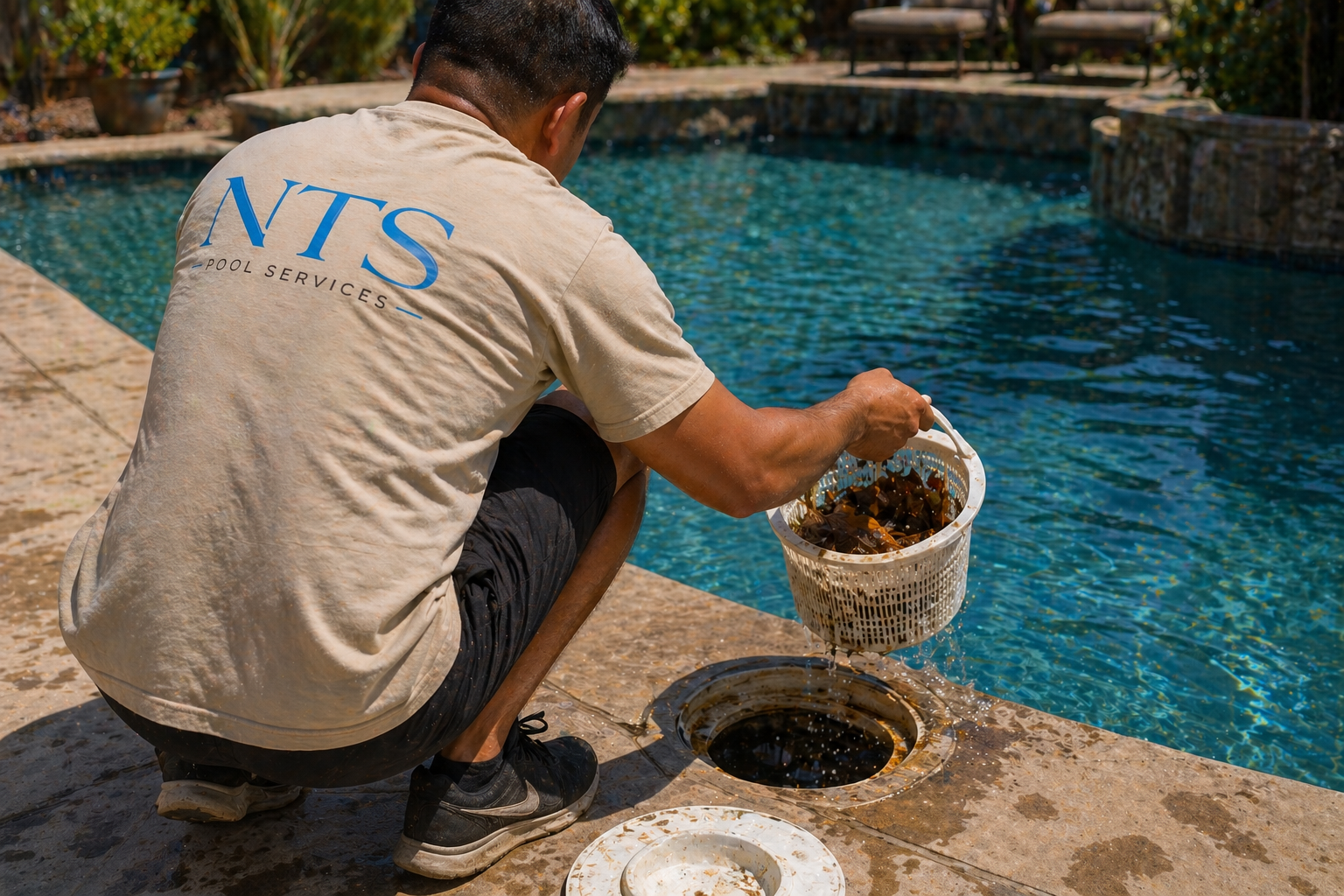 Pool technician wearing a beige NTS Pool Services shirt squatting by a backyard pool, cleaning debris out of the pool filter on the pool deck.