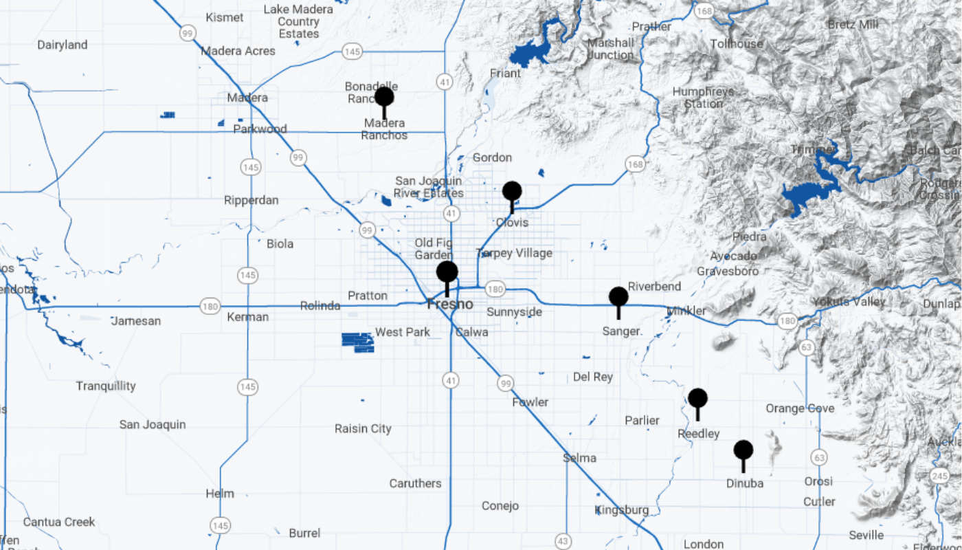 Map of Fresno, California, with marked locations including Madera, Clovis, Reedley, Fresno, and Rancho Madera.