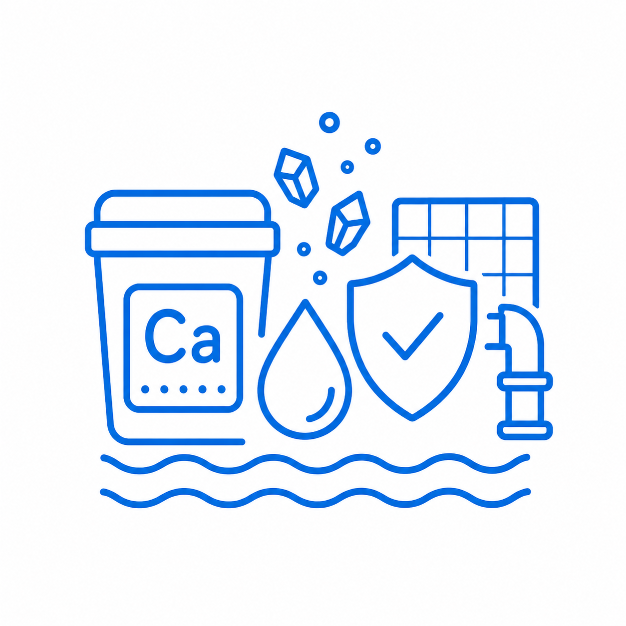 Line drawing of water treatment elements: a calcium supplement container, a water droplet, a shield with a checkmark, a water filter, and bubbles, representing water purification and health safety.