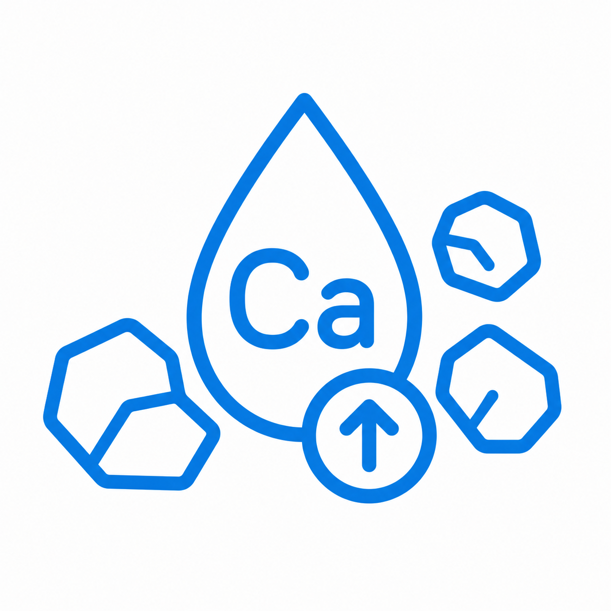 Illustration of a chemical element symbol 'Ca' inside a water droplet with an arrow pointing upward, surrounded by hexagonal chemical structures.