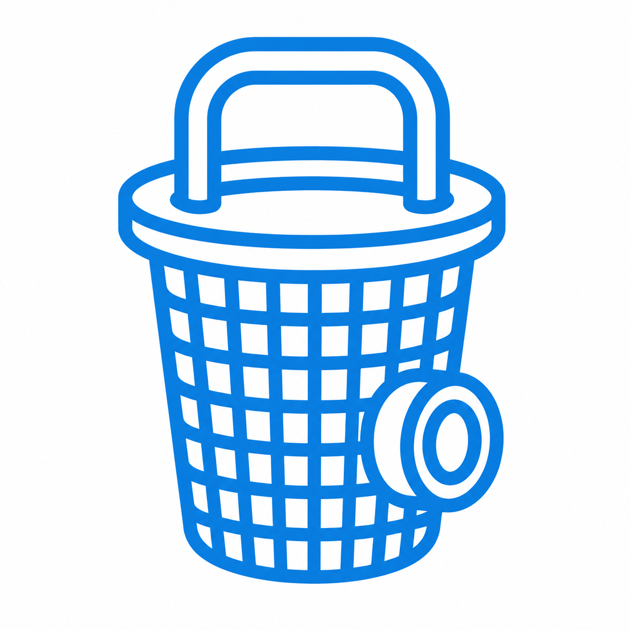 Blue line drawing of a pool filter with a lid and handle, featuring a circular opening on the side.