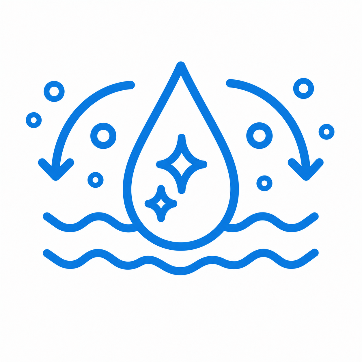 Blue line drawing of a water drop, with sparkling effects inside, surrounded by circles and arrows indicating water flow, above wavy water lines.