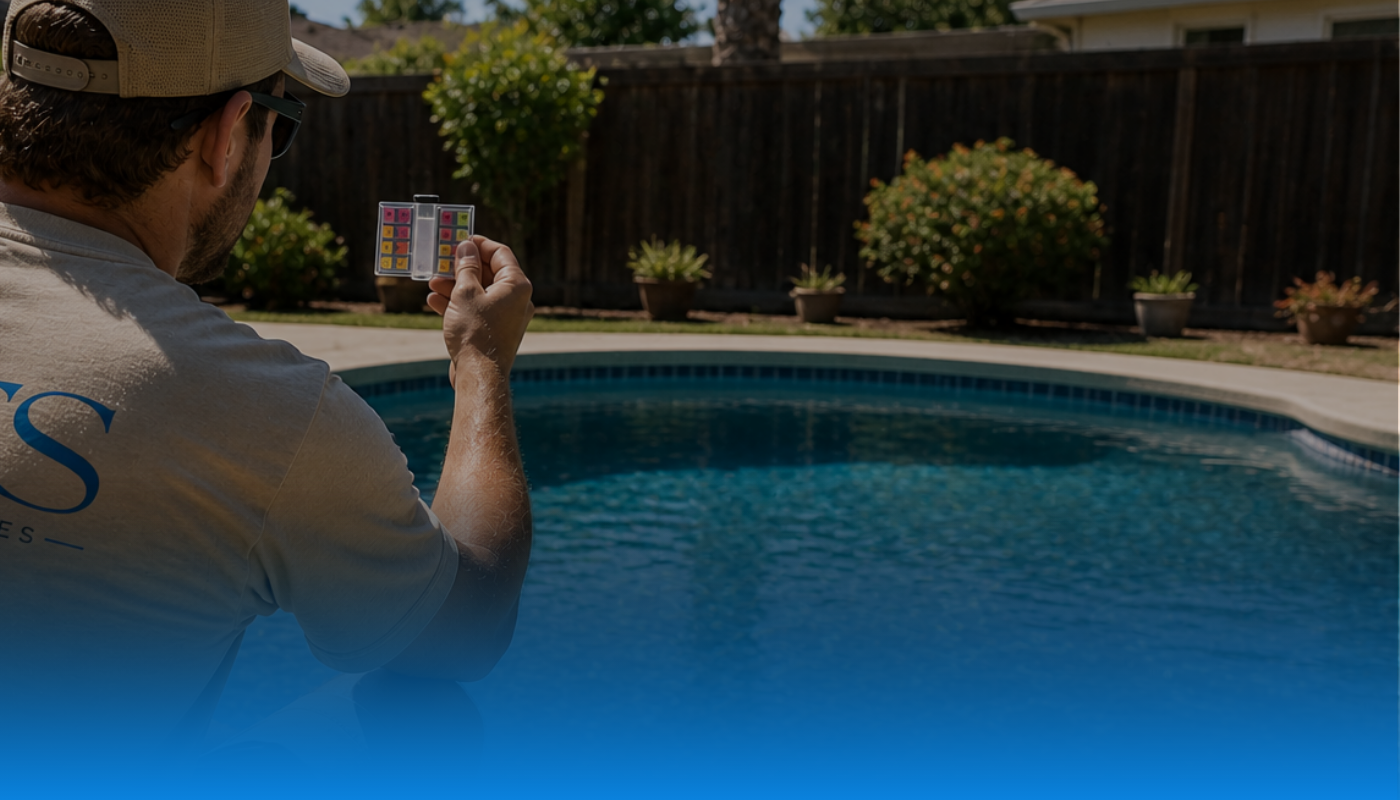 An NTS employee wearing sunglasses and a cap is sitting by a backyard swimming pool holding a chemical testing kit in his hands, with potted plants and a wooden fence in the background.
