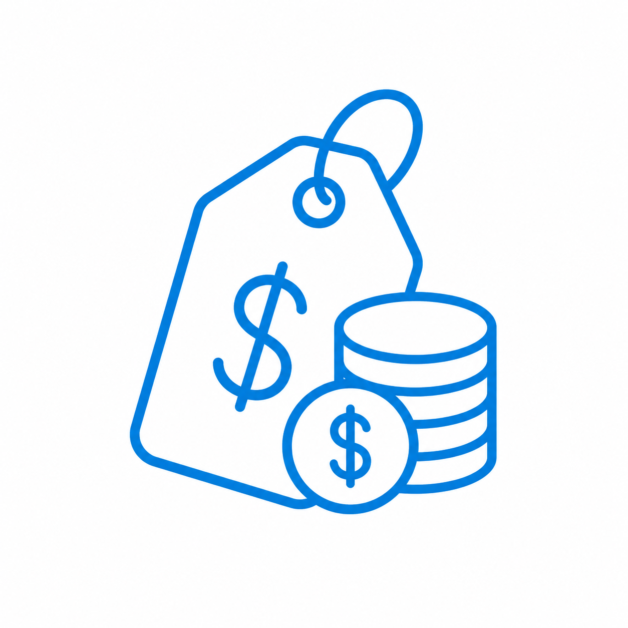 Outline drawing of a dollar tag, coin, and stack of coins representing money or financial exchange.