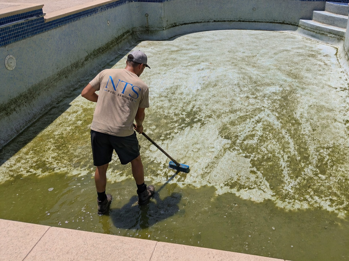 A man cleaning algae from an empty swimming pool with a pool brush.