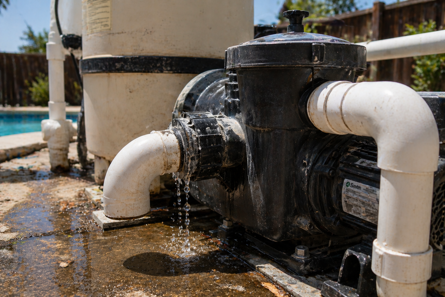A pool pump with water dripping from white PVC pipes, situated on a concrete pool deck with a swimming pool in the background.