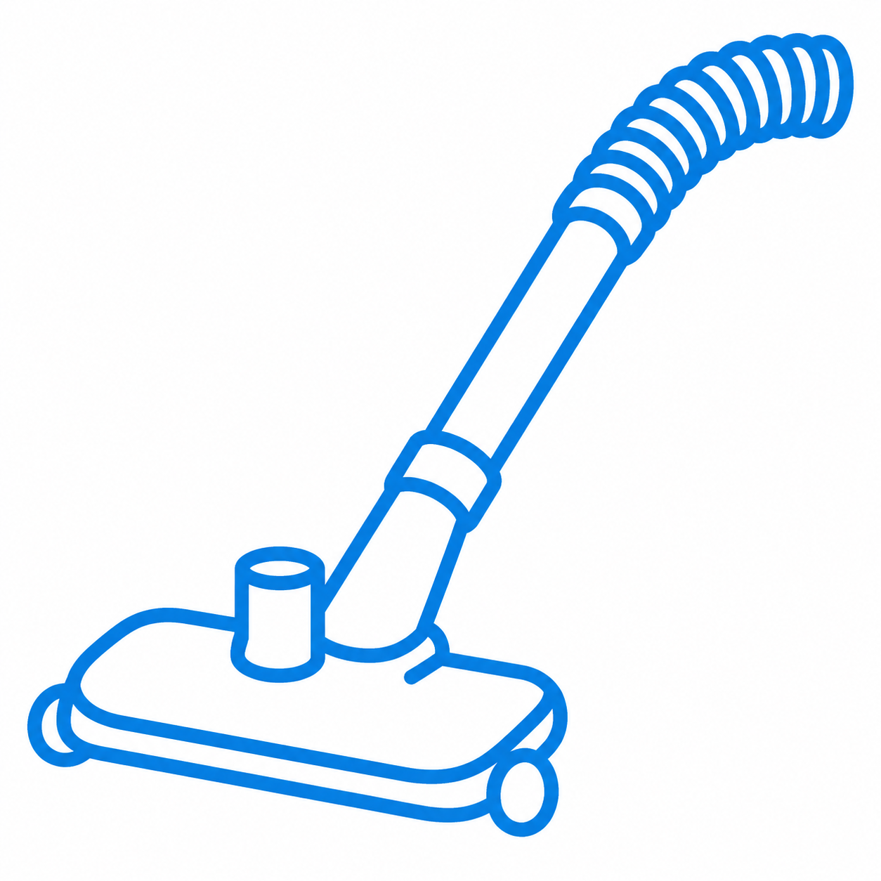 Blue line drawing of a vacuum cleaner with a long hose and a cleaning head.