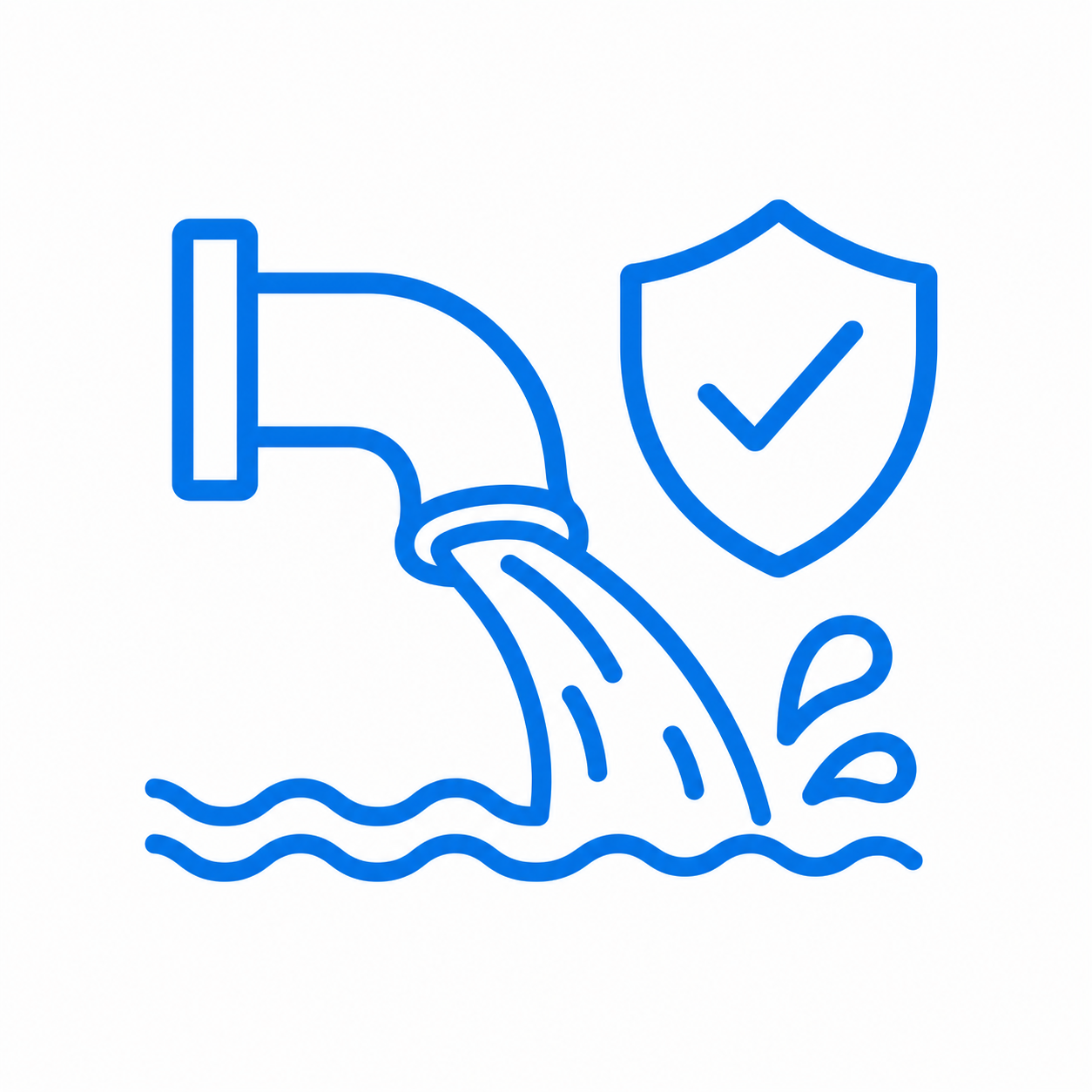 Blue outline of a faucet with water flowing into a pool and a shield with a checkmark symbolizing water safety or protection.