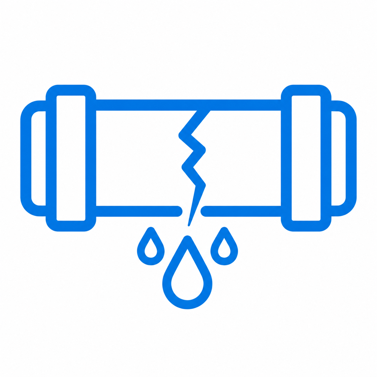 Blue outline of a pipe with a crack, showing drops of liquid leaking from it.