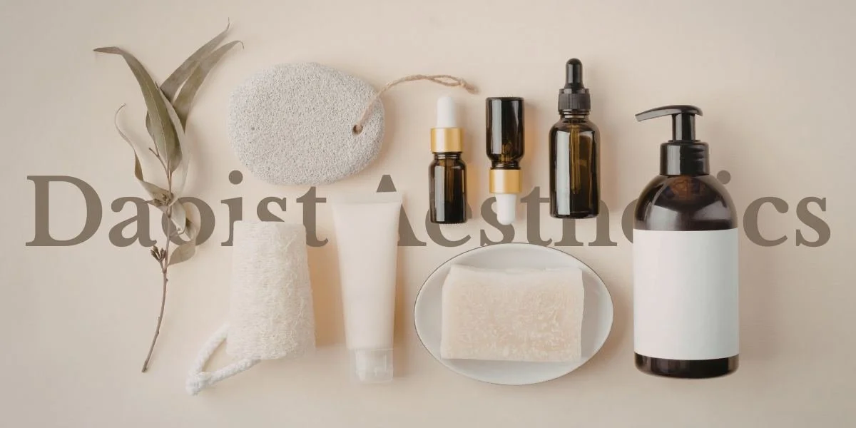A collection of skincare and aesthetic products including drops, bottles, a soap bar, and textured tools displayed on a light background, with the word 'Aesthetic' partially visible.