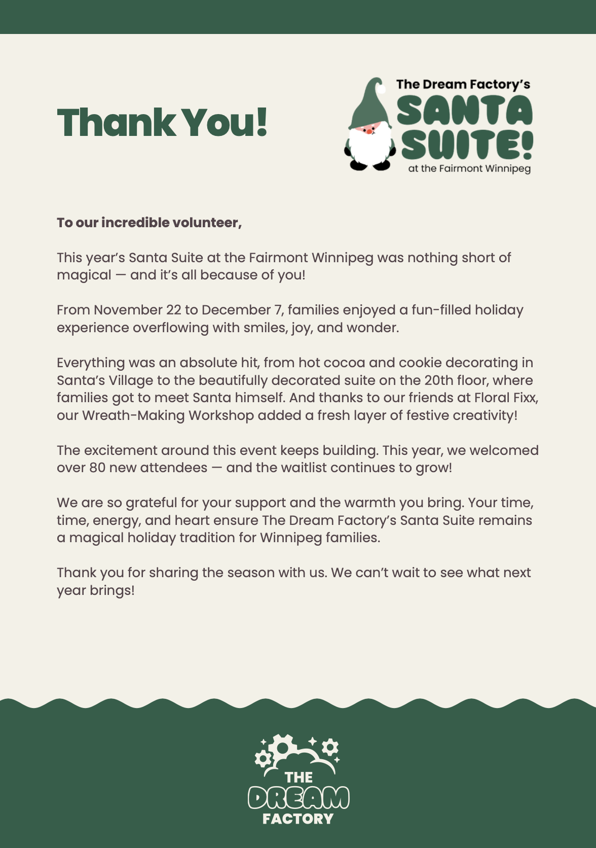 Letter from The Dream Factory to Santa Suite volunteers