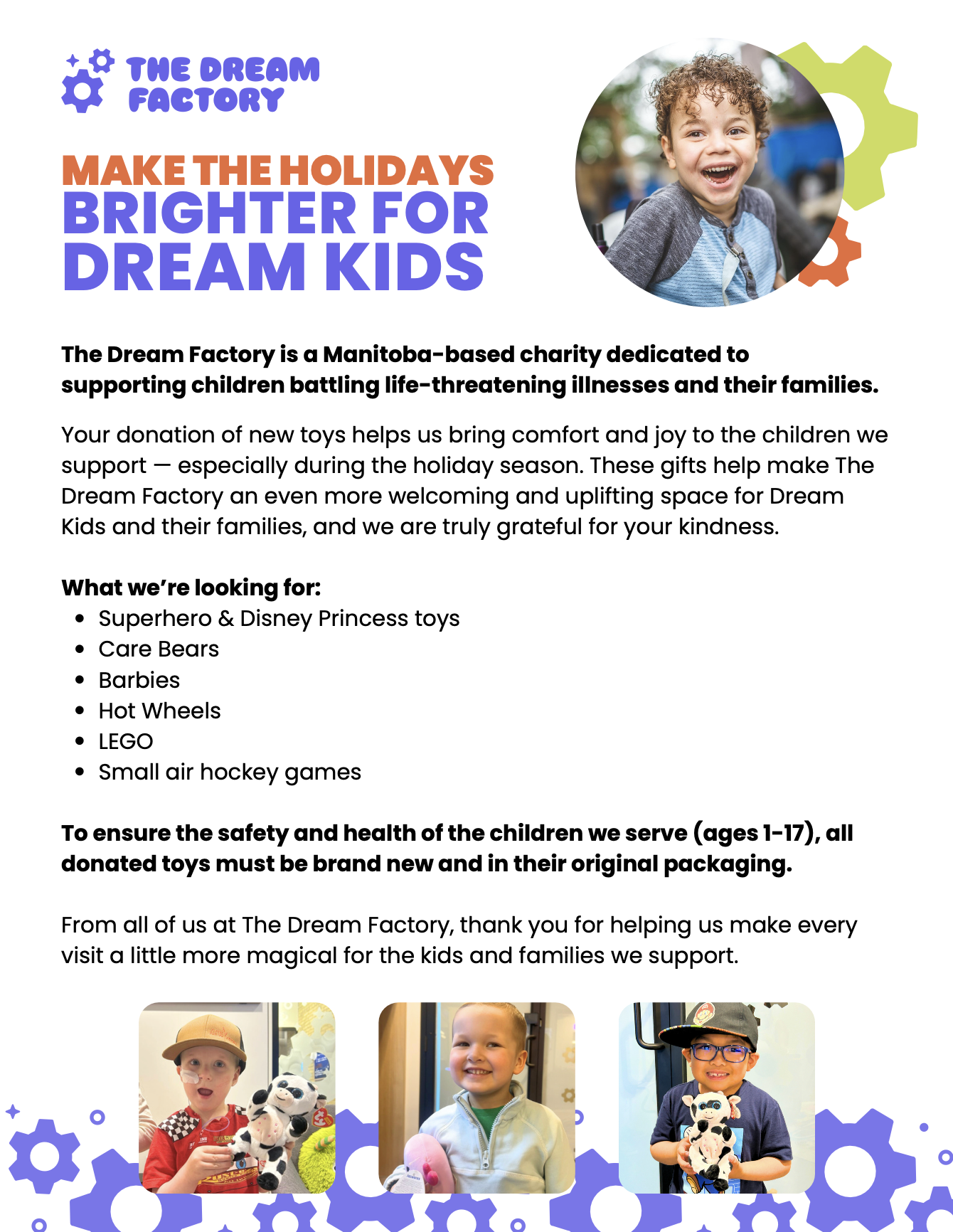 Info poster from The Dream Factory looking for toy donations