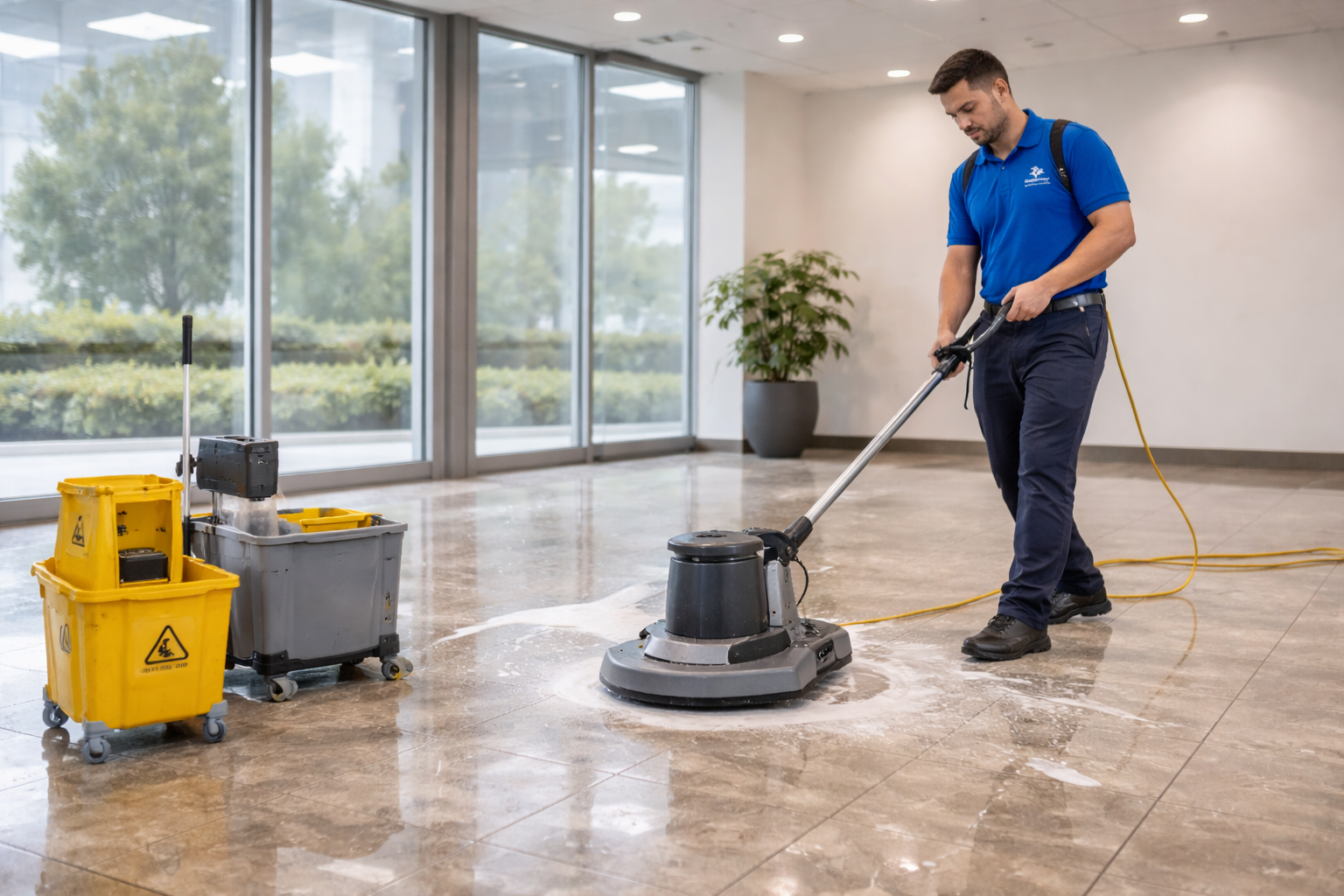 Commercial floor scrubbing, strip and wax service restoring shine to a Utah facility