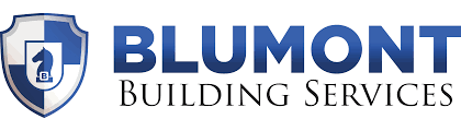 Blumont Building Services logo with a shield emblem containing the letter 'B' and the letters 'BLUMONT' in bold blue font, and 'Building Services' in smaller black font.