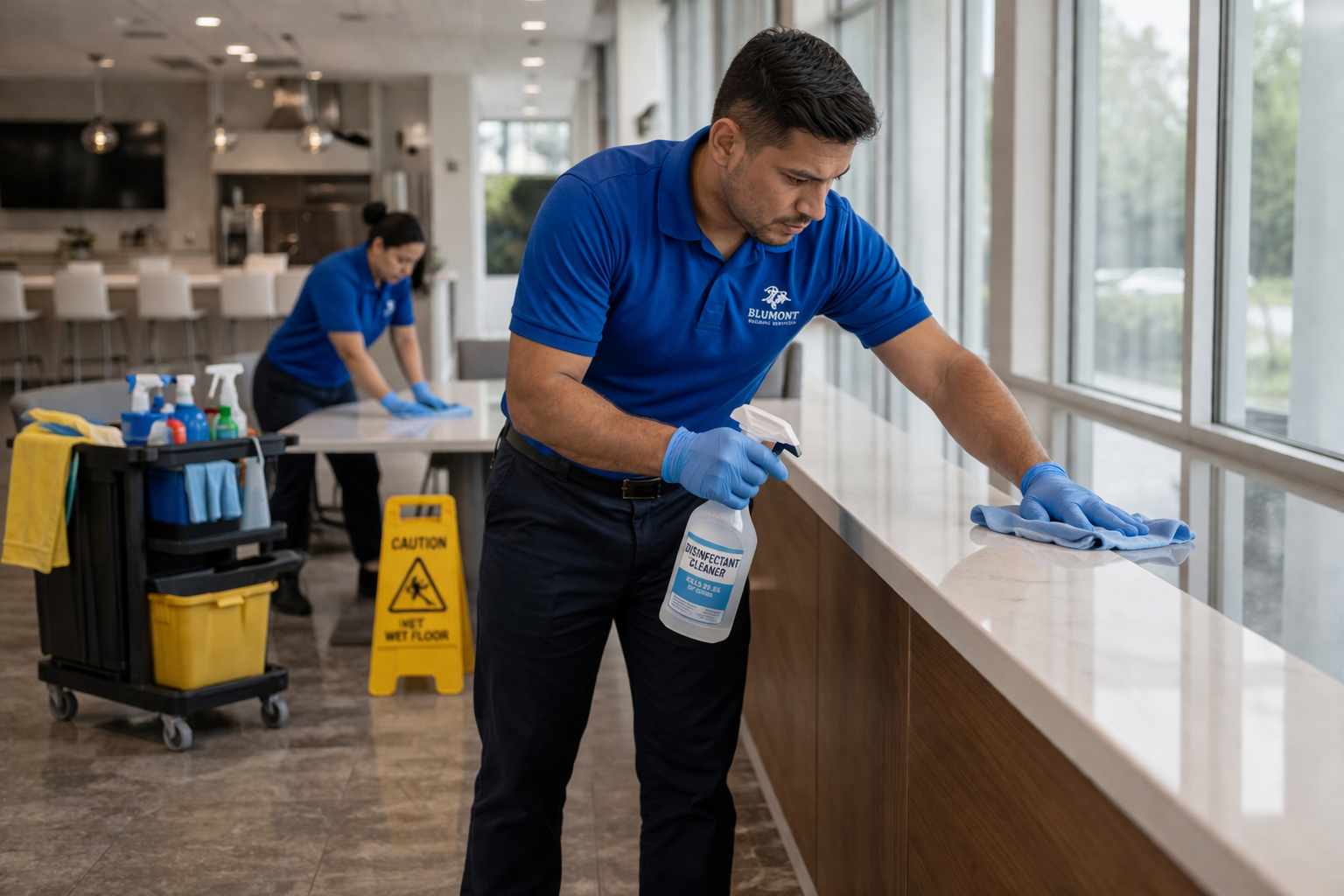 Commercial deep cleaning service sanitizing hard-to-reach areas in a Utah business facility