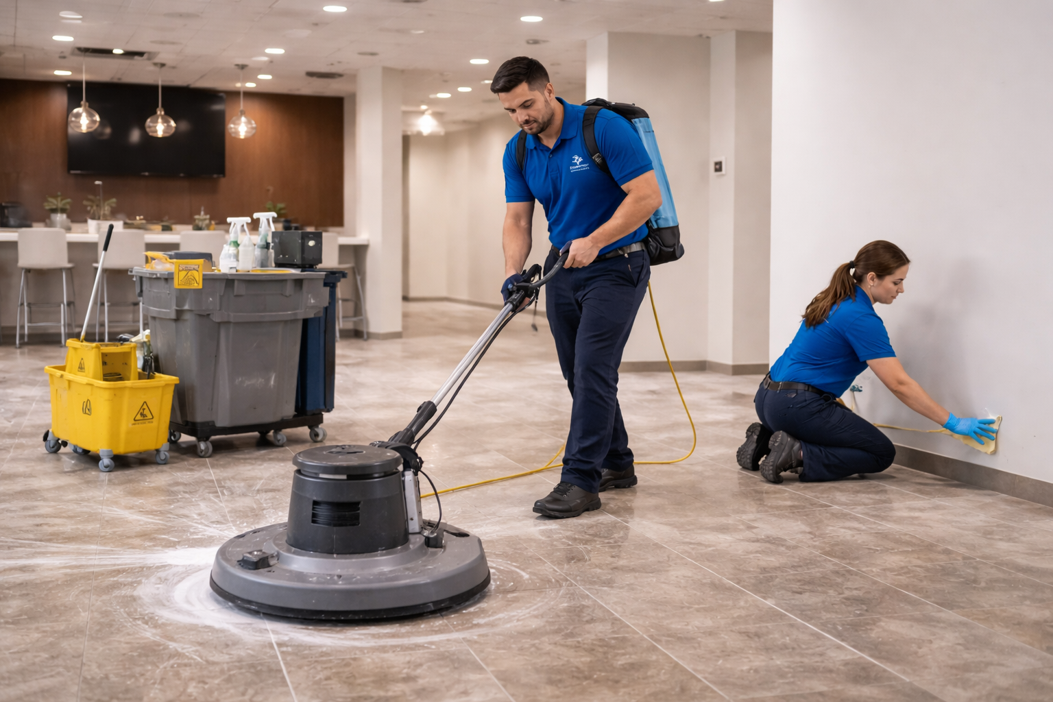 Post-construction cleaning crew removing dust and debris from a commercial property in Utah