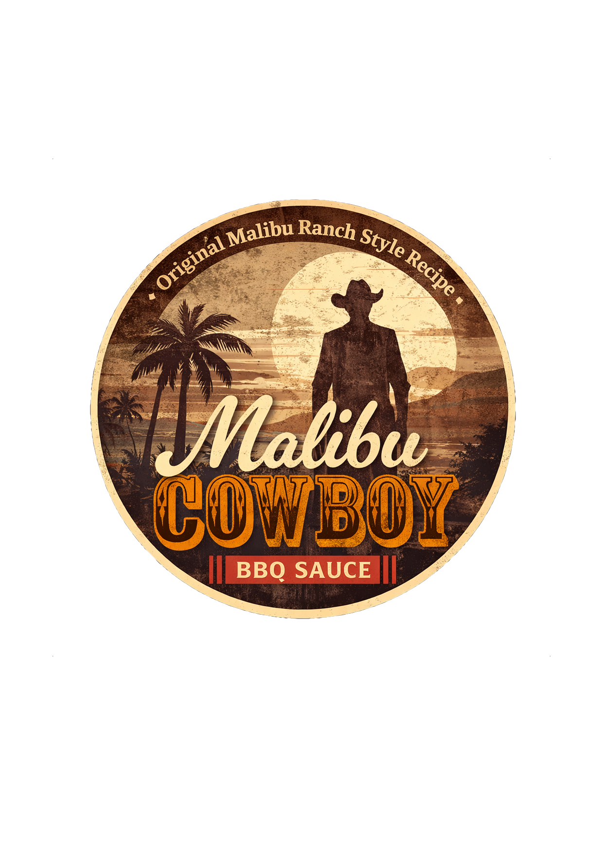 Label for Malibu Cowboy BBQ sauce featuring a sunset scene with palm trees and a cowboy silhouette with a hat.