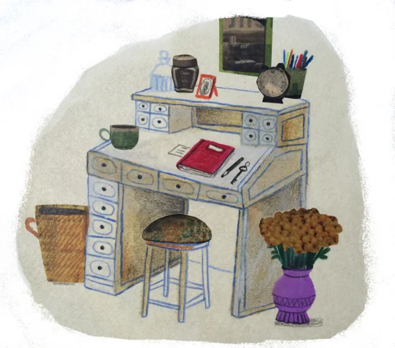 Illustration of a white desk with drawers, a red book, and writing utensils, a green mug, a small stool, a vase with flowers, and a window with a view outside.