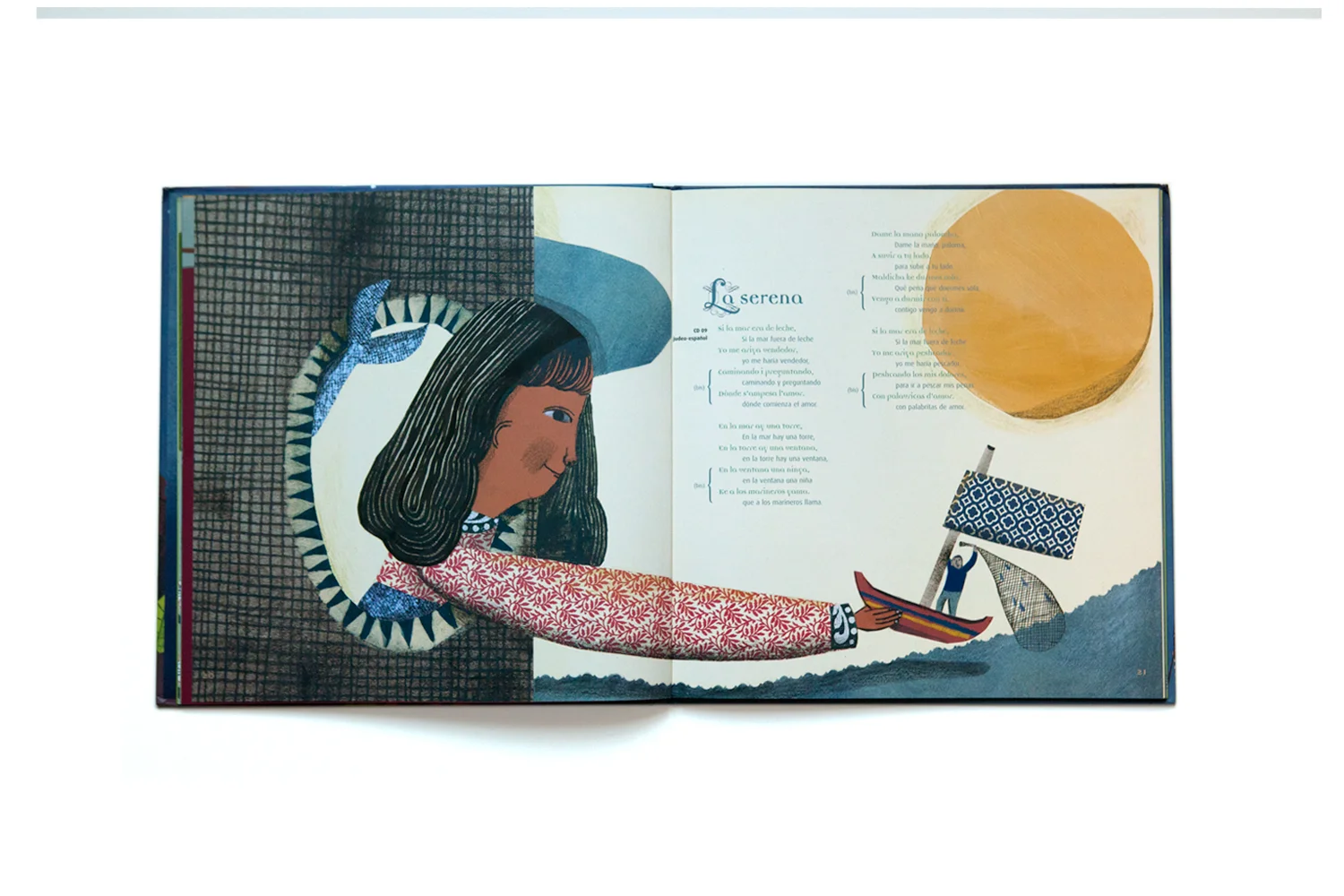 Open book with colorful illustrations of a girl with dark hair, wearing a large hat, reaching out a boat with a sail, and a large yellow sun.