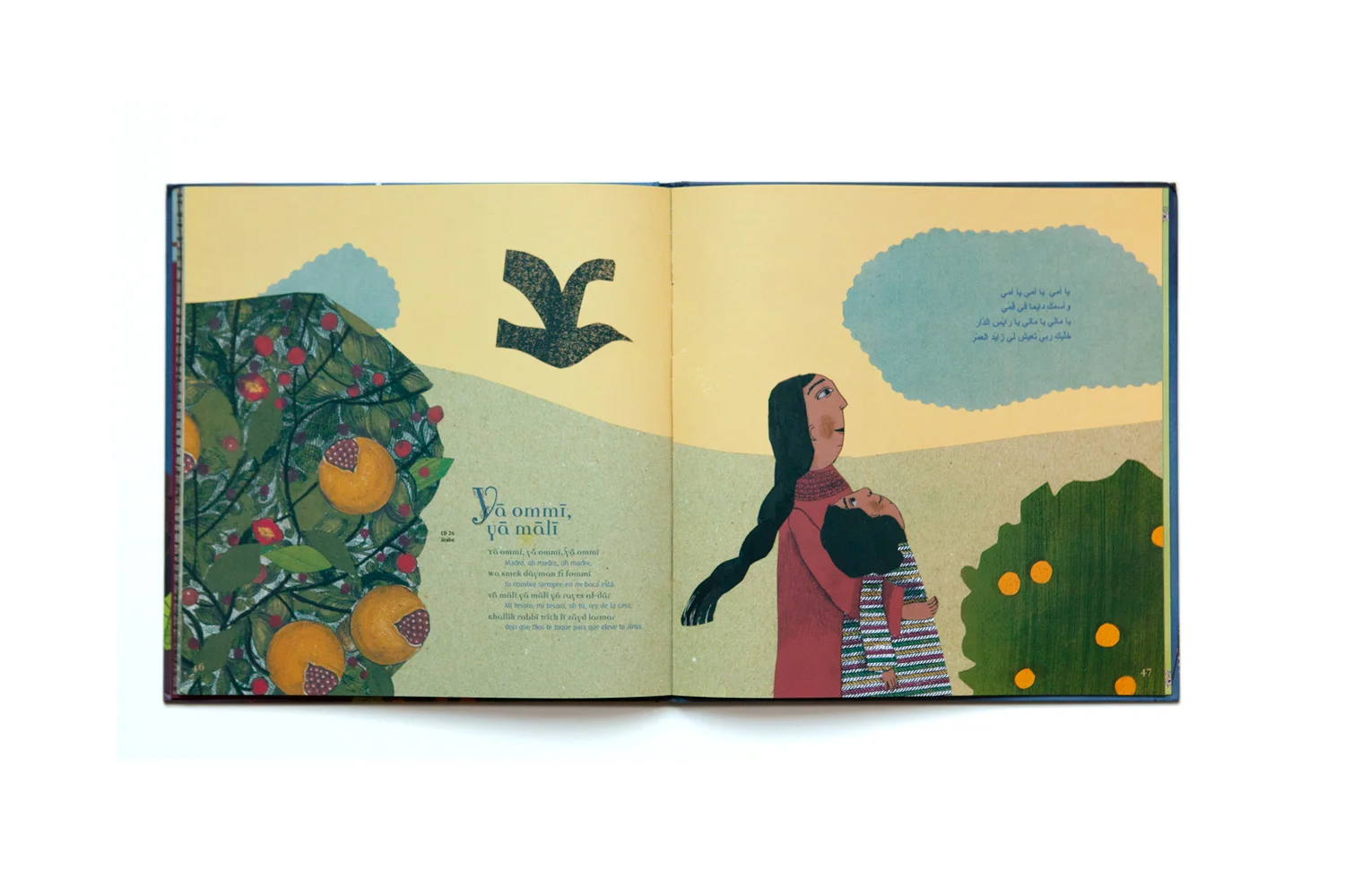 An illustrated open book showing a woman holding a child, with orange trees and a bird flying in the sky.