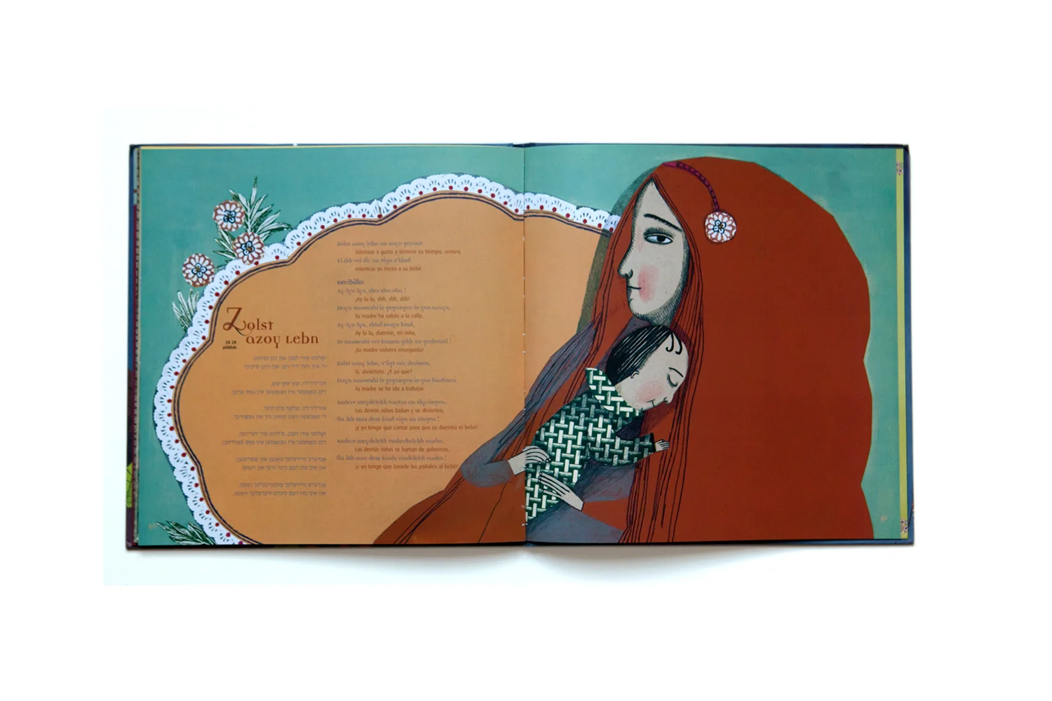 Open children's book with colorful illustration of a mother and child, the mother with long red hair and the child with dark hair, embracing each other.