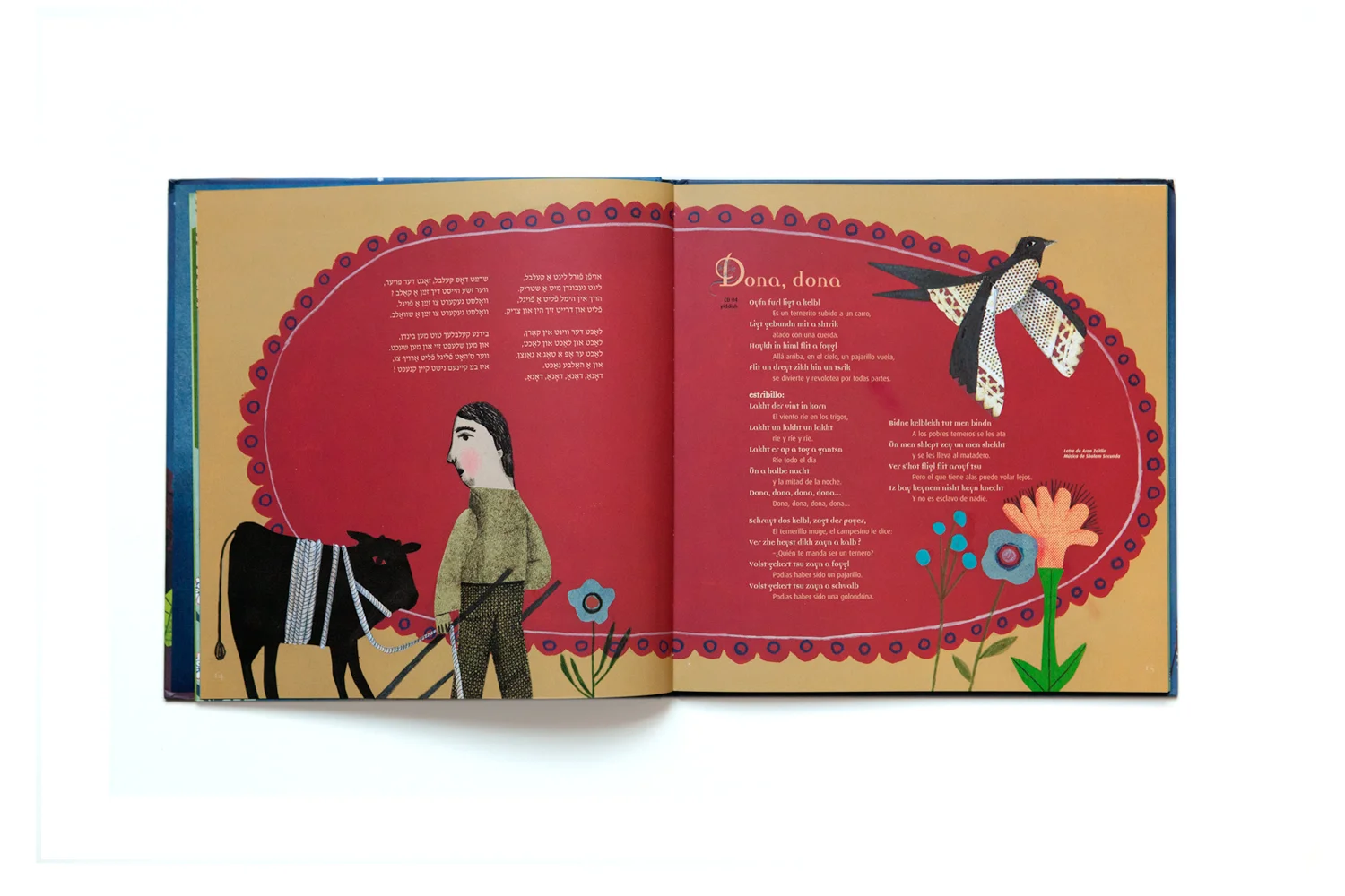 An illustrated open book with colorful drawings and text. The left page shows a person with dark hair holding a black cow by a rope, with flowers below. The right page contains a poem titled 'Dona, dona' in various languages, with a large moth flying
