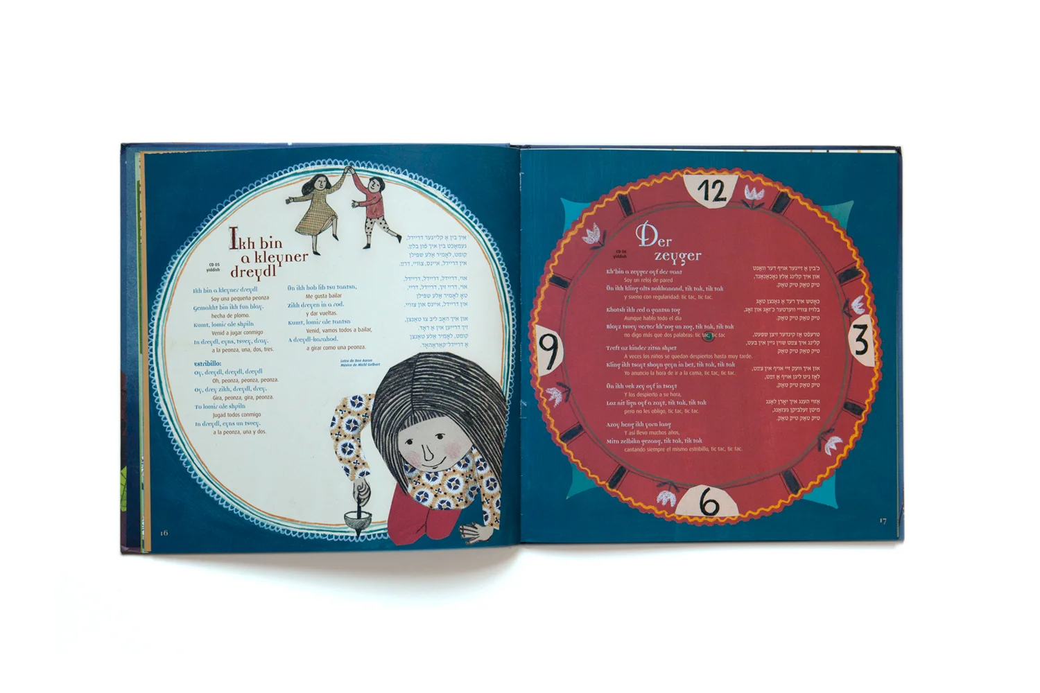 Open children's book with illustrations and text in multiple languages, featuring a clock and dancing children.