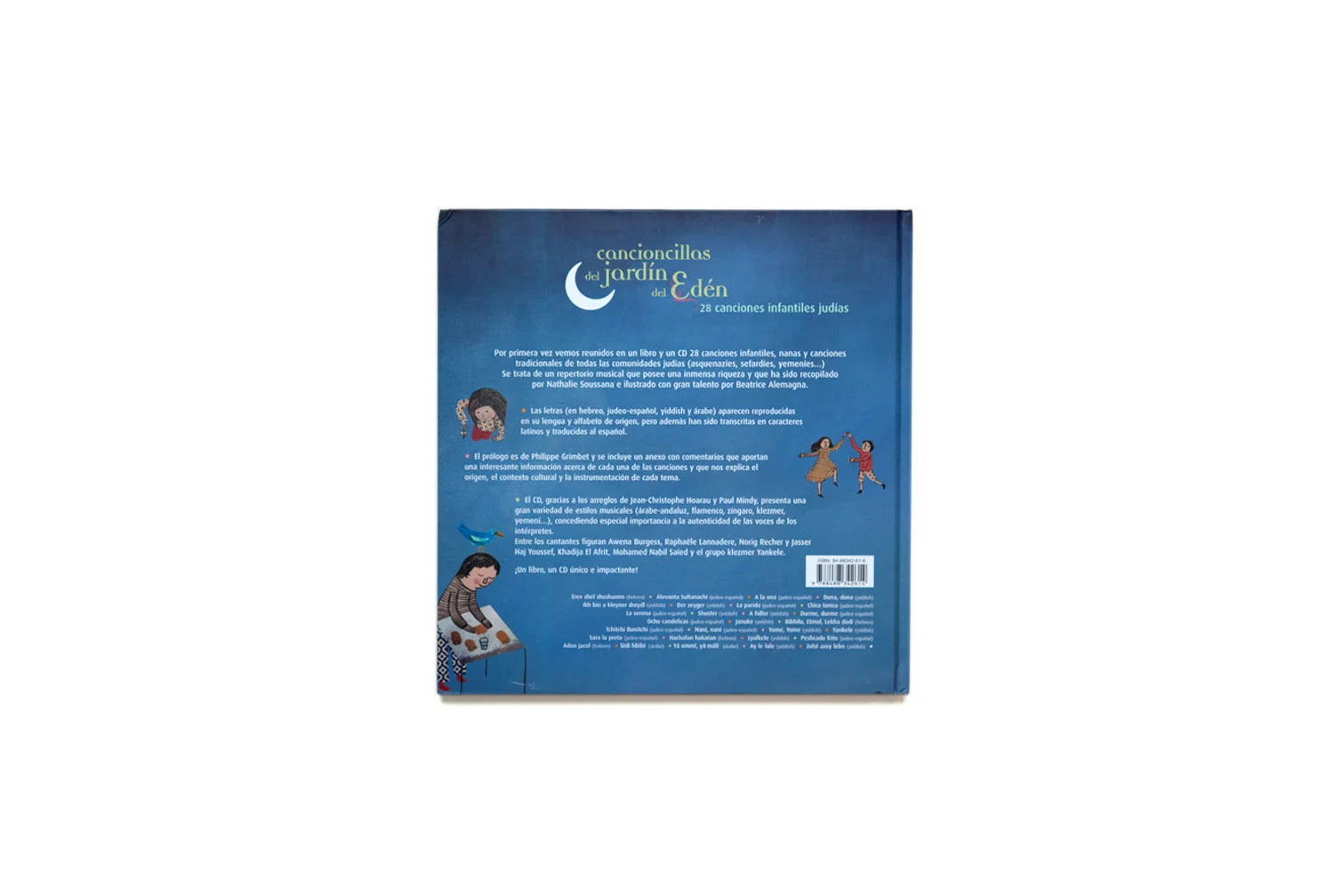 Back cover of a blue book or CD case titled 'Cancioncillos del Jardín del Edén' with illustrations of children and a woman, and text in Spanish describing the contents of the musical collection of Jewish children's songs.