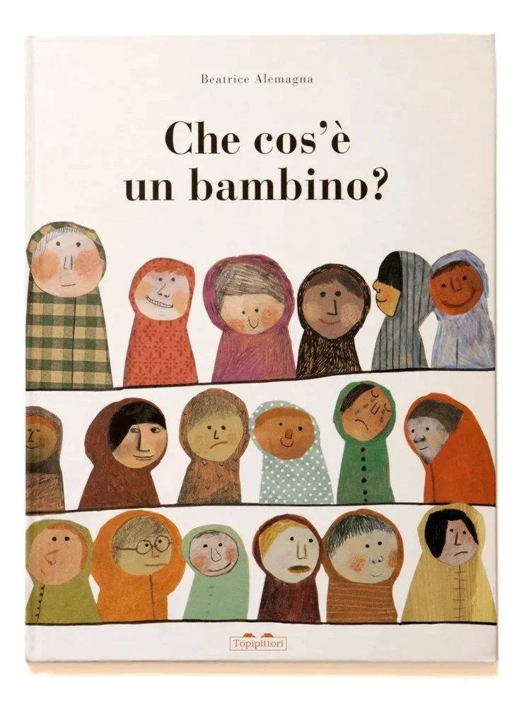 Book cover titled "Che cos'è un bambino?" by Beatrice Alemagna, featuring colorful illustrations of children with various facial expressions and clothing.