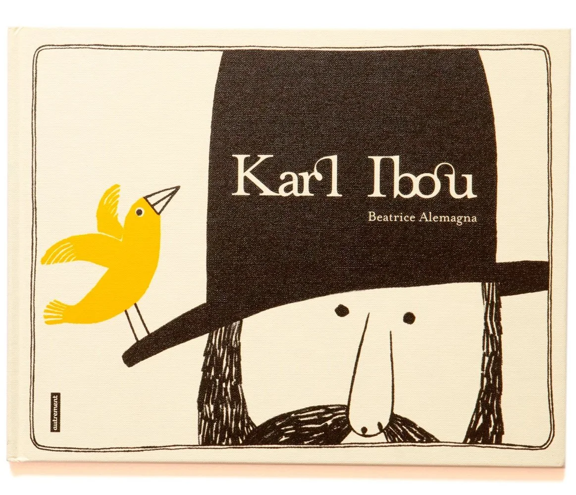 Book cover featuring an illustration of a person wearing a large black hat with the name Karl Ibou by Beatrice Alemagna, and a small yellow bird sitting on the hat's brim.