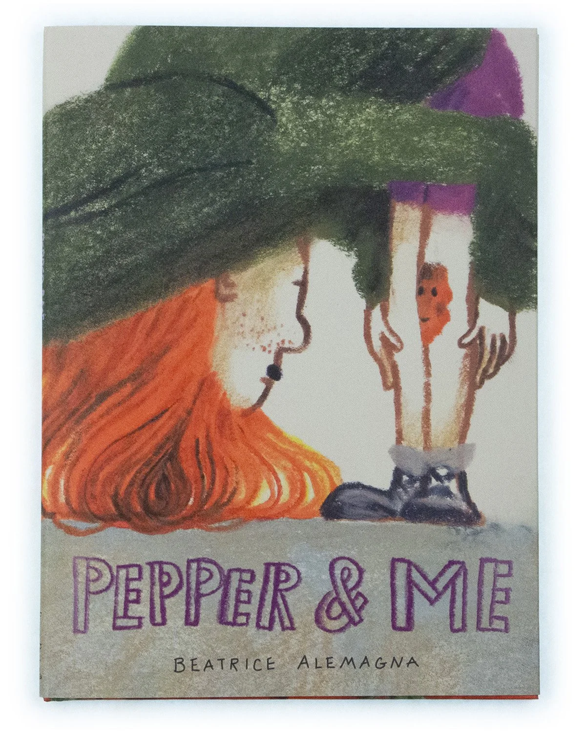 A colorful illustration of a girl with red hair and a large green hat, touching a smiling face drawn on a tree trunk. The title 'Pepper & Me' and the author's name, Beatrice Alemagna, are at the bottom.