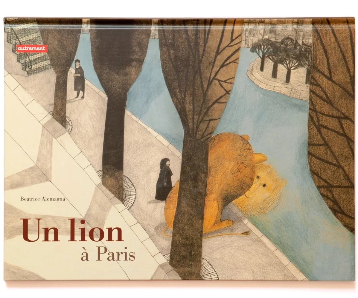 Illustration of a river with trees on its banks, two women walking by, and a large lion with a smaller lion sitting on its back, all in a stylized, childlike drawing style.