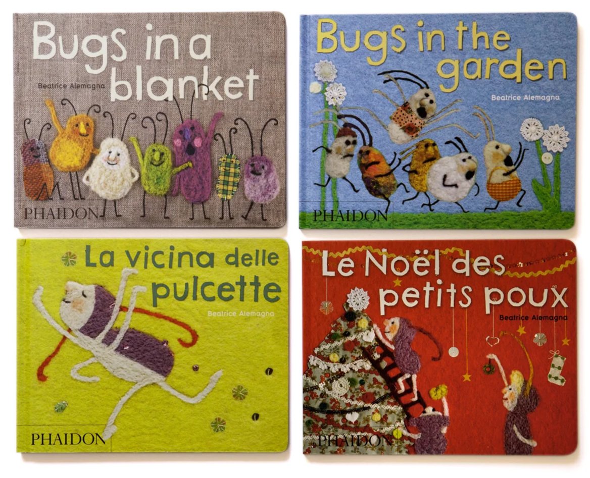 Four colorful children's books with needle-felted animal characters on their covers, titled "Bugs in a Blanket," "Bugs in the Garden," "La vicina delle pulcette," and "Le Noël des petits poux."