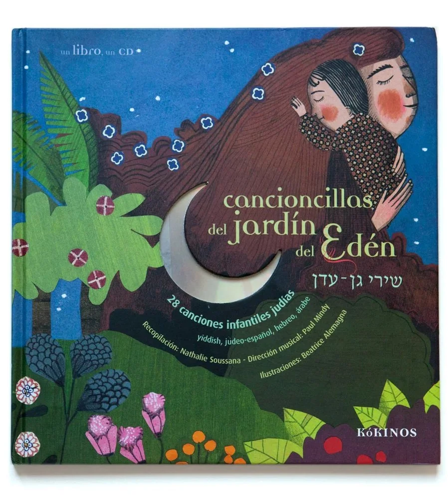 Book cover titled 'Canciones del jardín del Edén' featuring an illustration of two children hugging with closed eyes, surrounded by plants, flowers, and a night sky with a crescent moon.