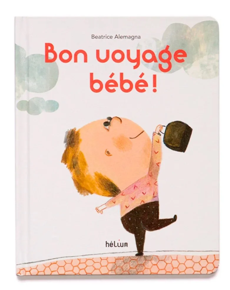 Cover of a children's book titled 'Bon voyage bébé!' by Beatrice Alemagna, featuring an illustration of a smiling baby holding a black suitcase, walking on a patterned floor, with clouds in the background.