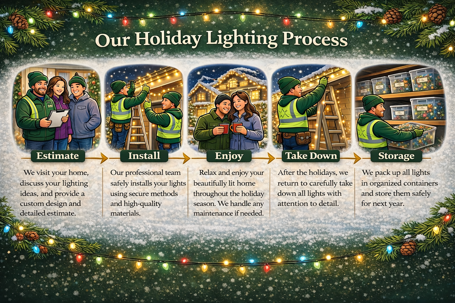 Illustration of a holiday lighting process with five steps: estimate, install, enjoy, take down, and storage. Depicts people planning, installing, enjoying, and handling holiday lights on a house, and storing organized lights in containers.