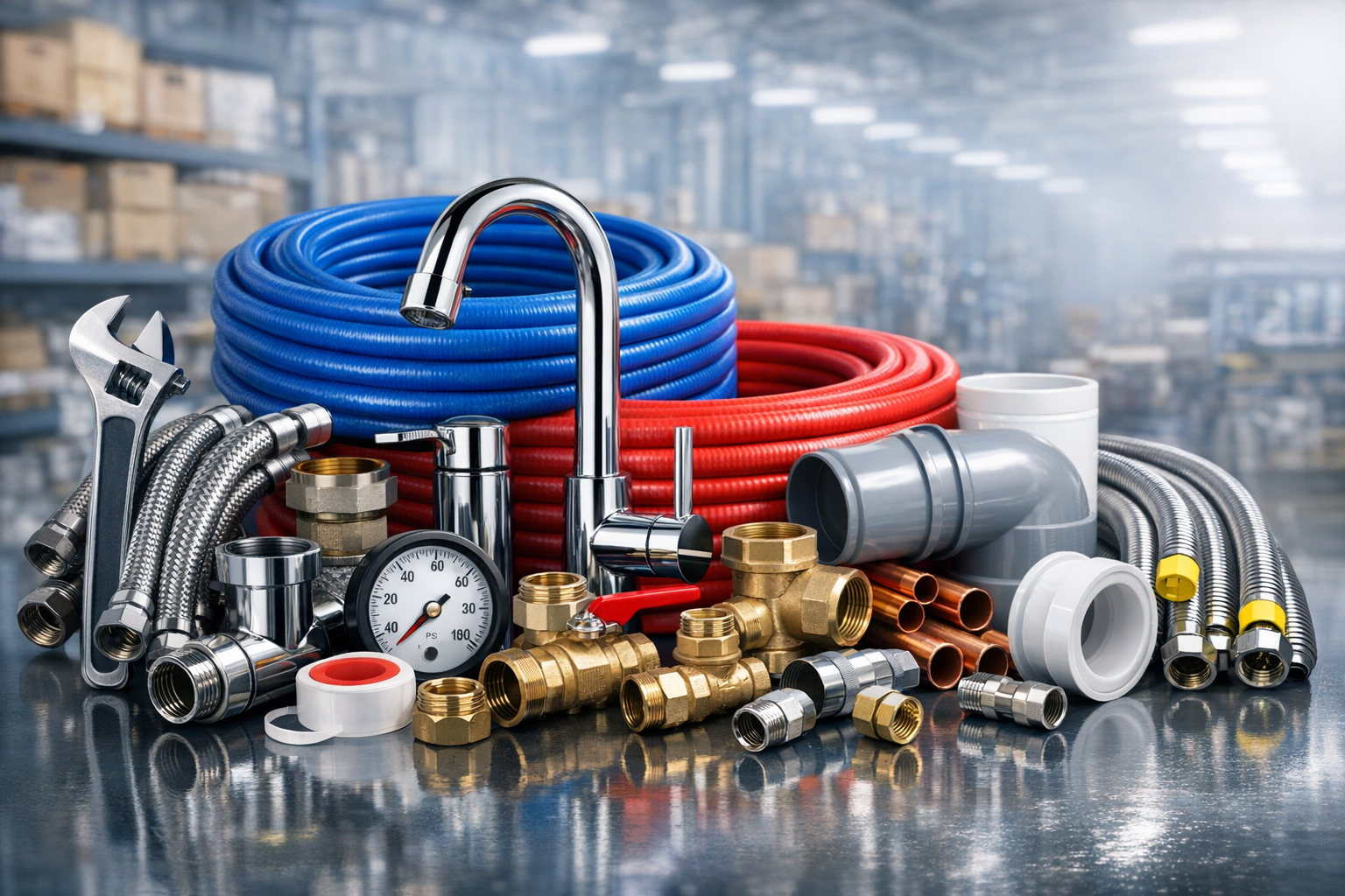 Assorted plumbing supplies including hoses, pipes, fittings, a faucet, a wrench, a pressure gauge, and other hardware in a warehouse setting.