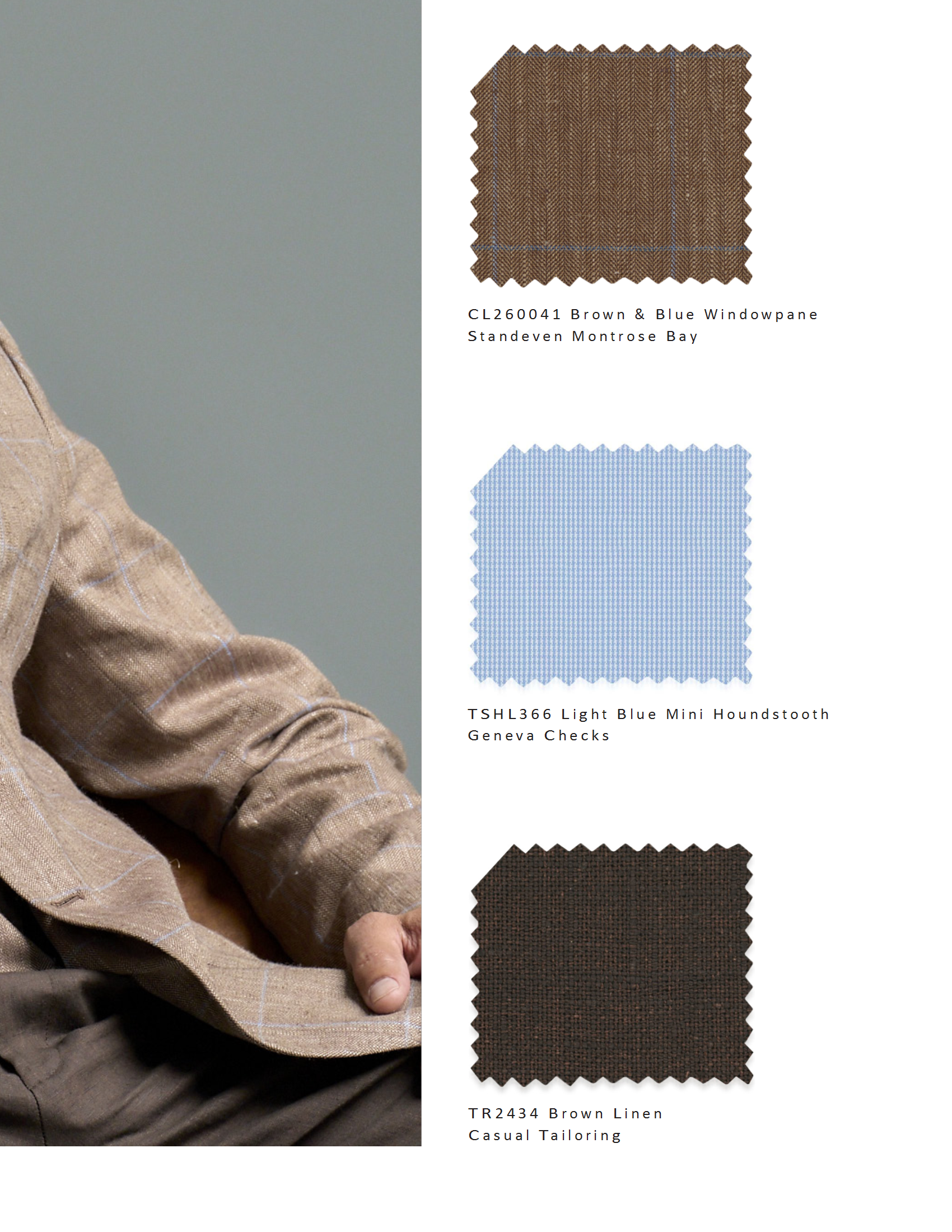Fabric swatches of brown and blue windowpane, light blue mini houndstooth, and brown linen fabric with labels and a person wearing a brown checkered blazer.