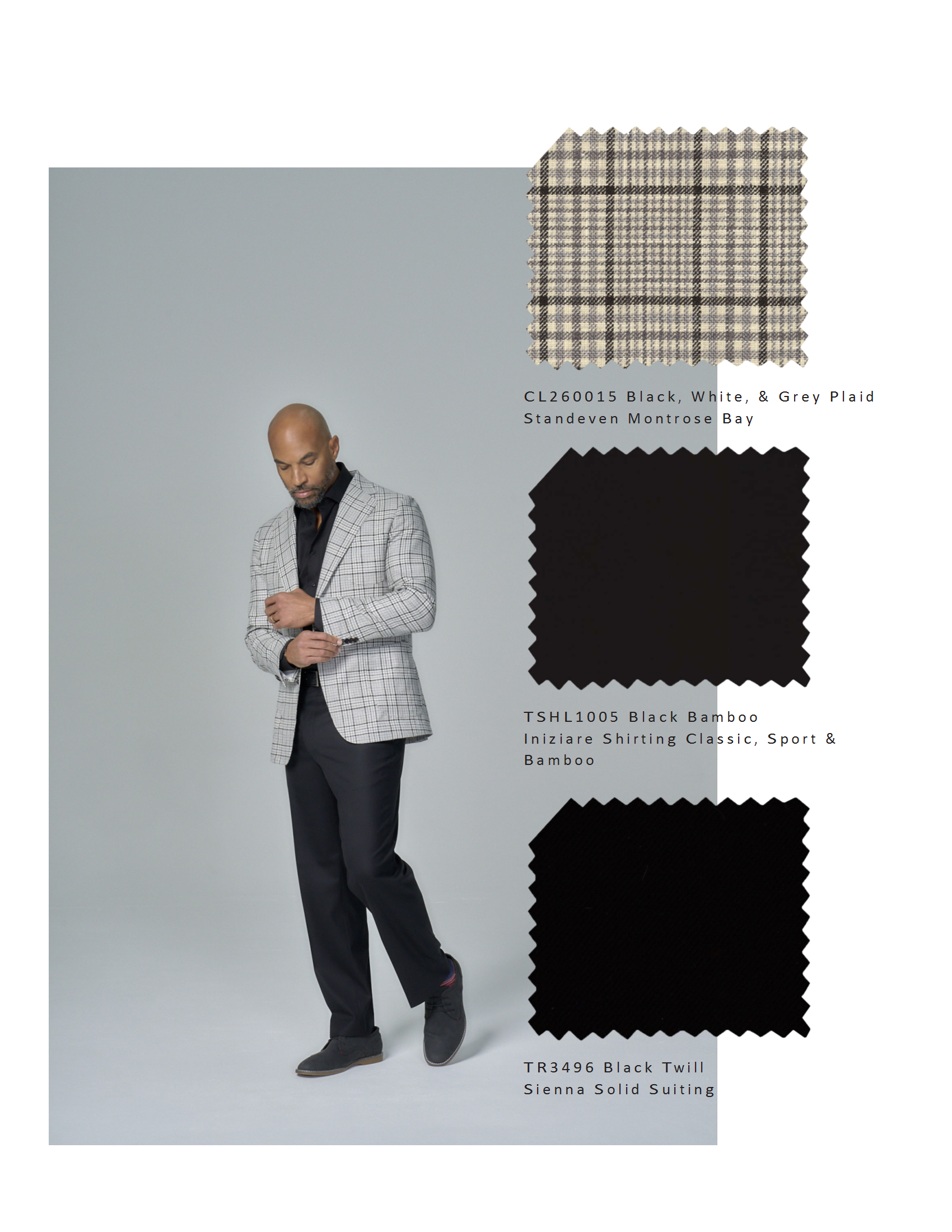 A man wearing a plaid blazer, black shirt, and black pants, looking down and adjusting his jacket. Next to him are three fabric swatches labeled with fabric codes and descriptions, showing a plaid pattern in beige, black bamboo, and solid black twill