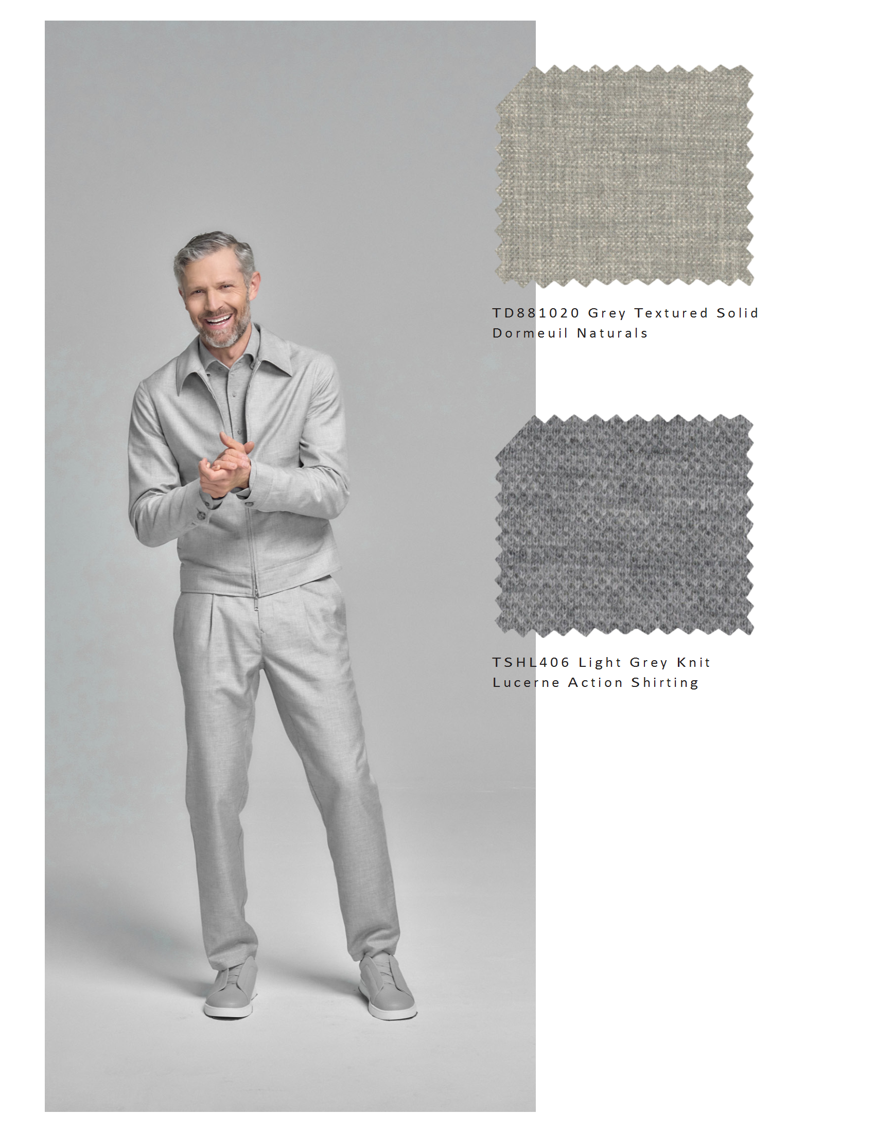 A man with grey hair and a beard wearing a light grey outfit, standing against a neutral background, smiling and posing with hands clasped. Two fabric swatches labeled 'Grey Textured Solid Dormeuil Naturals' and 'Light Grey Knit Lucerne Action Shirti