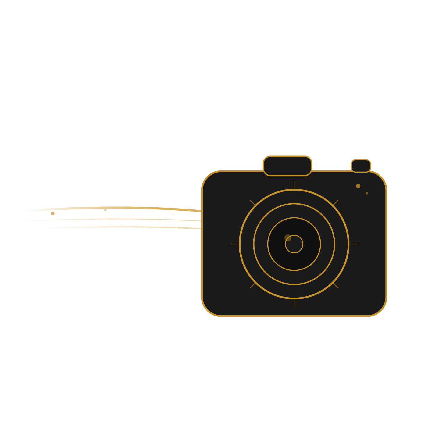 Stylized illustration of a camera with three lines indicating motion or speed, in black and gold colors.