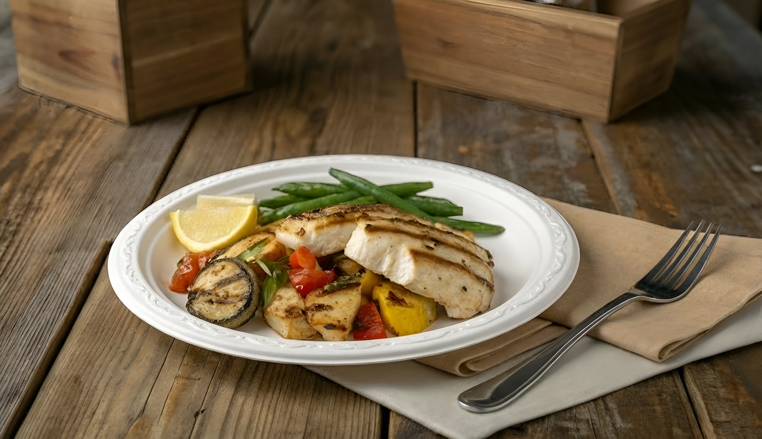 A plate of grilled fish with grilled vegetables, green beans, and a lemon wedge on a wooden table.